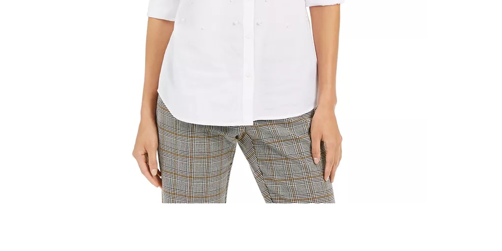 Camisa feminina Charter Club com pérola sintética, branca, tamanho pequeno