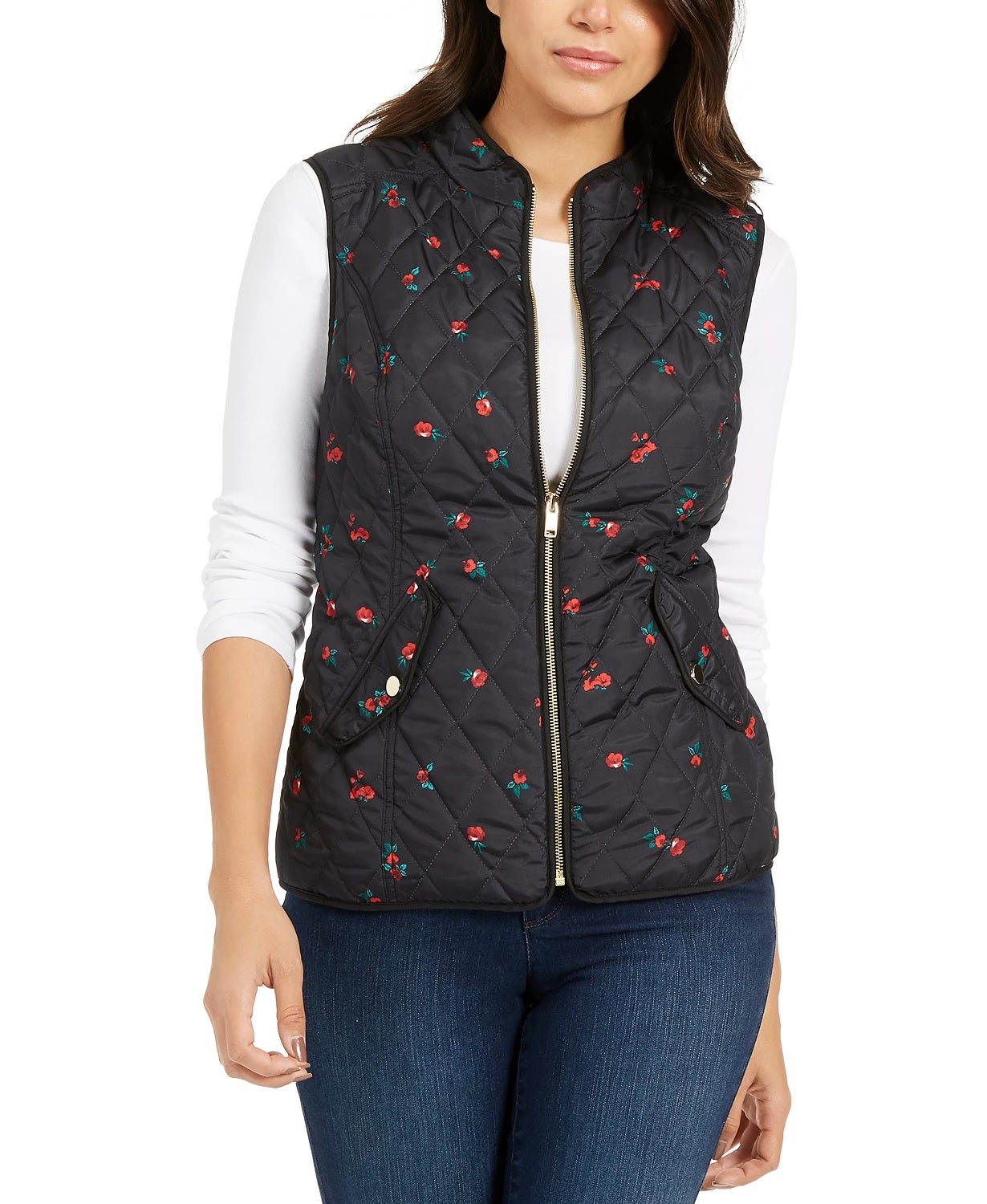 Colete acolchoado feminino com estampa floral Charter Club, preto, tamanho pequeno