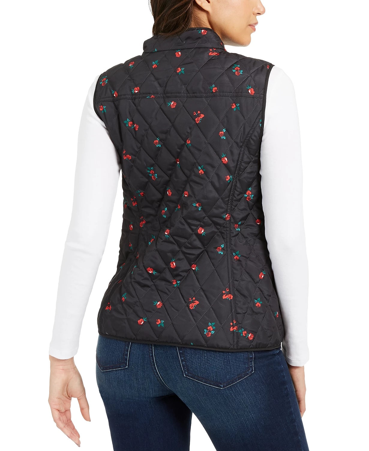 Colete acolchoado feminino com estampa floral Charter Club, preto, tamanho pequeno