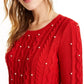 Suéter feminino Maison Jules em tricô trançado com imitação de pérolas, vermelho brilhante, tamanho médio