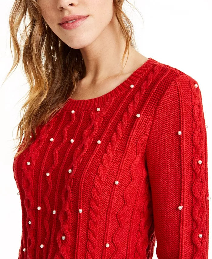 Suéter feminino Maison Jules em tricô trançado com imitação de pérolas, vermelho brilhante, tamanho médio