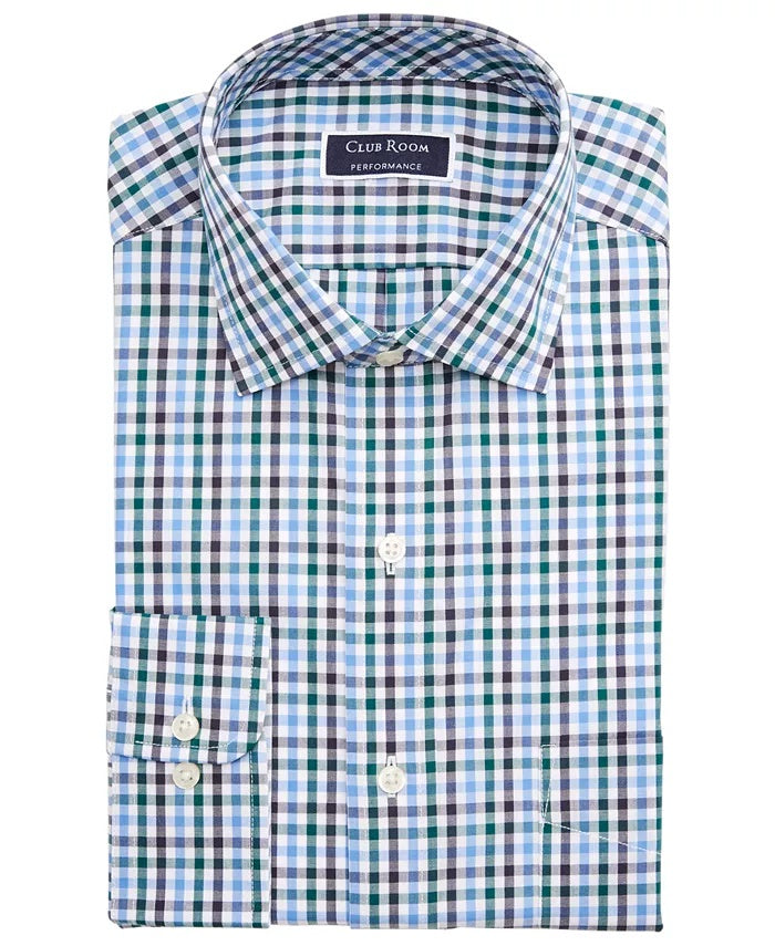 Camisa social masculina Club Room Classic/Regular Fit Stretch, resistente a rugas, xadrez, azul-marinho, tamanho 15,5 x 34-35