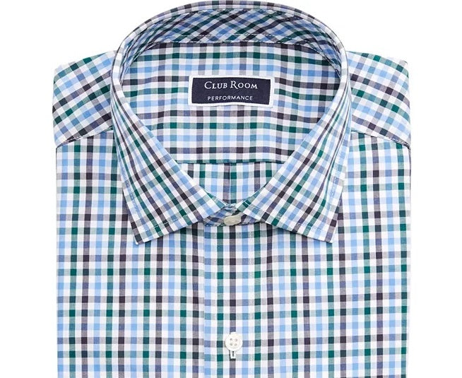 Camisa social masculina Club Room Classic/Regular Fit Stretch, resistente a rugas, xadrez, azul-marinho, tamanho 15,5 x 34-35