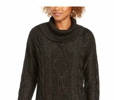 Suéter feminino Charter Club com decote careca e tricô com glitter, preto, tamanho grande