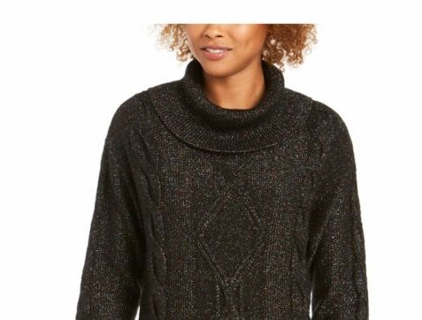 Suéter feminino Charter Club com decote careca e tricô com glitter, preto, tamanho médio