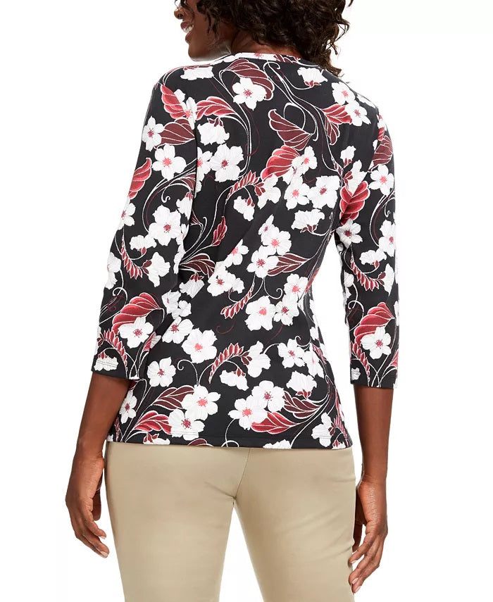 Karen Scott Top feminino pequeno com estampa floral e glitter vermelho brilhante tamanho pequeno