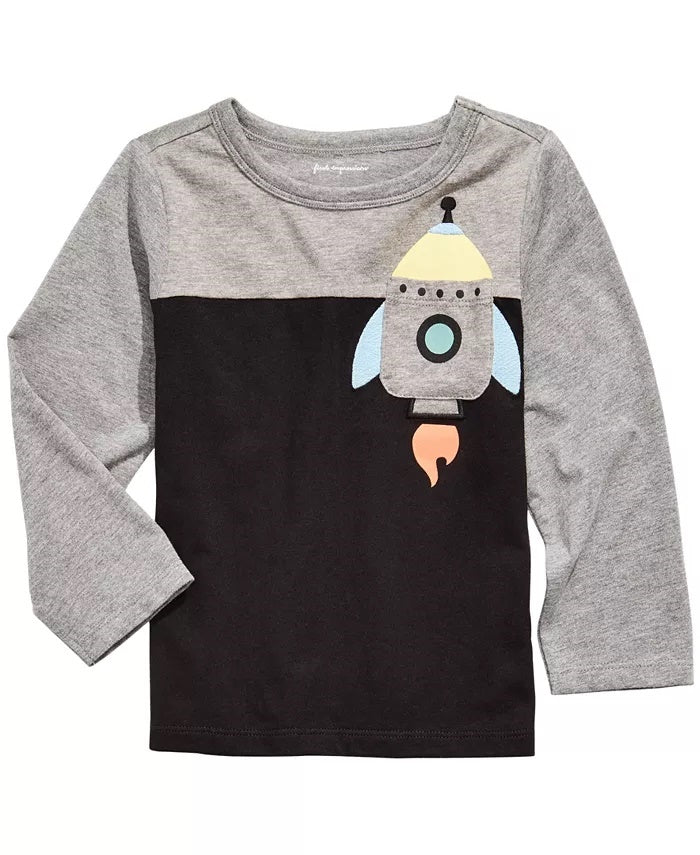 Camiseta infantil com estampa de foguete e bolso First Impressions para meninos, preta, tamanho 24 meses