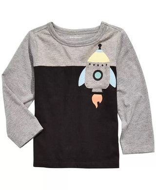 Camiseta infantil com estampa de foguete e bolso First Impressions para meninos, preta, tamanho 24 meses