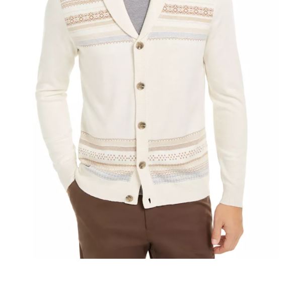 Cardigan de malha com listras geométricas e intarsia masculino Tasso Elba, branco, tamanho XX-G