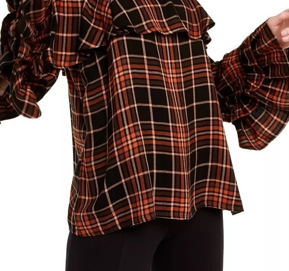 Blusa xadrez feminina com babados e ombros descobertos, preta, tamanho extragrande, da INC International Concepts