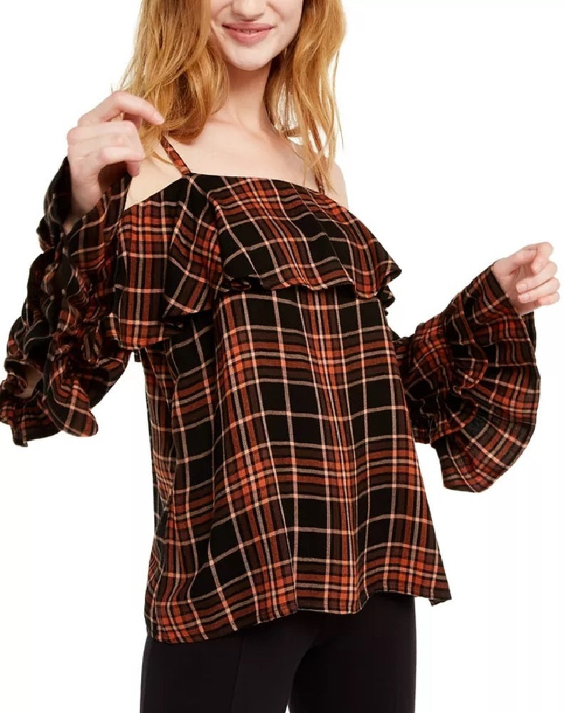 Blusa xadrez feminina com babados e ombros descobertos da INC International Concepts, preta, tamanho médio
