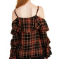 Blusa xadrez feminina com babados e ombros descobertos da INC International Concepts, preta, tamanho médio