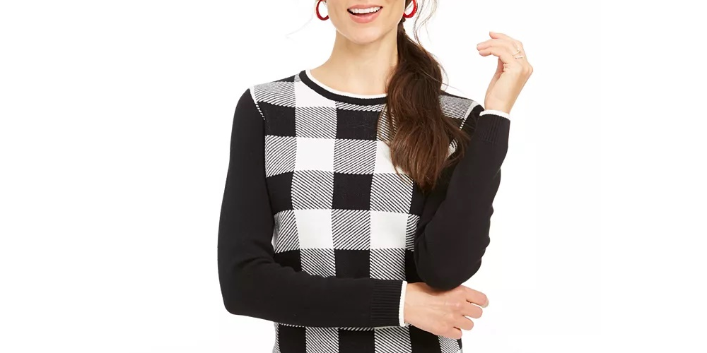 Suéter feminino Charter Club Buffalo Check Family, branco, tamanho grande