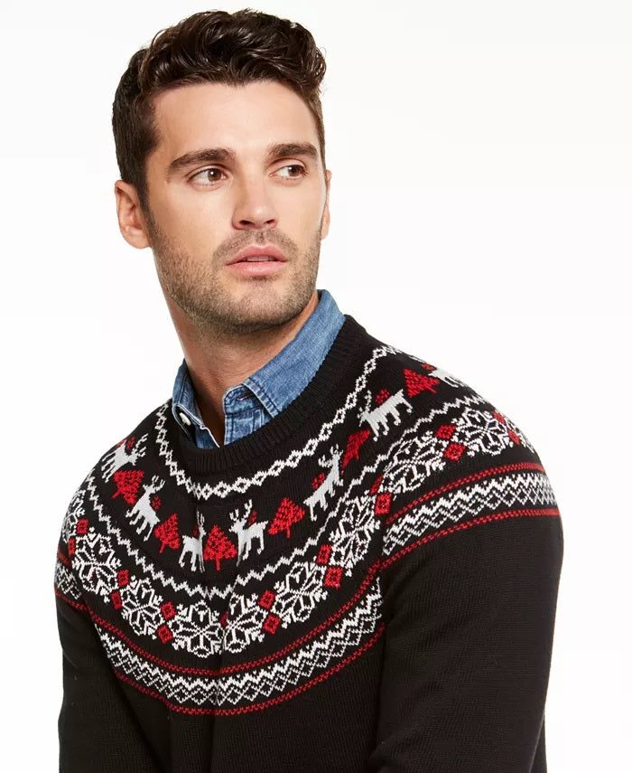 Suéter masculino Charter Club Fair-Isle Family, preto, tamanho grande