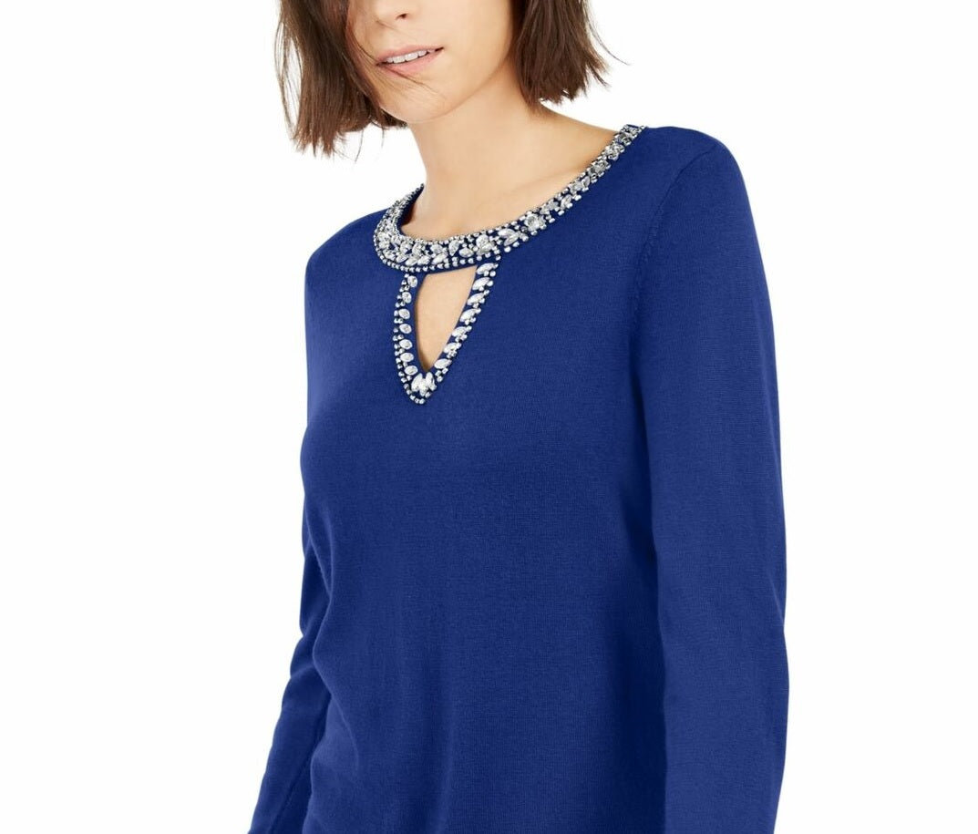 Suéter feminino com decote em V e botões da INC International Concepts, azul-marinho, tamanho X-S