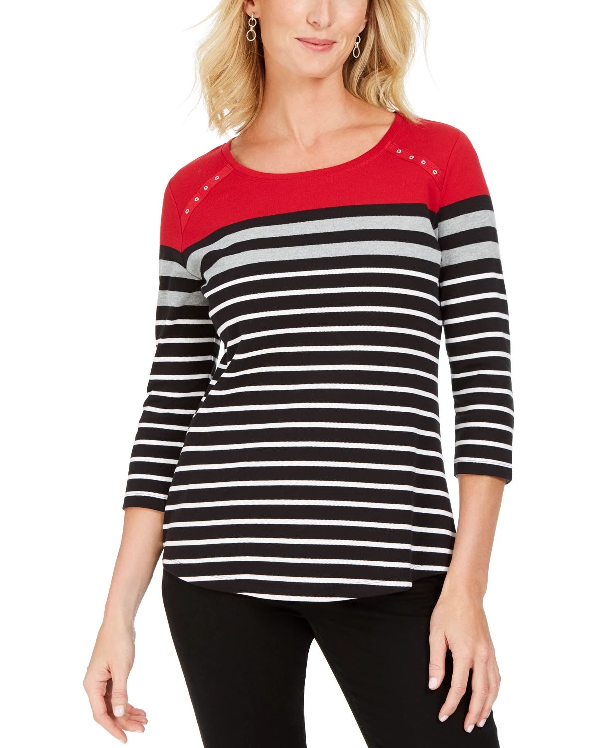 Karen Scott Sport Feminino Listrado Colorblocked com Ilhós Vermelho Brilhante Tamanho P