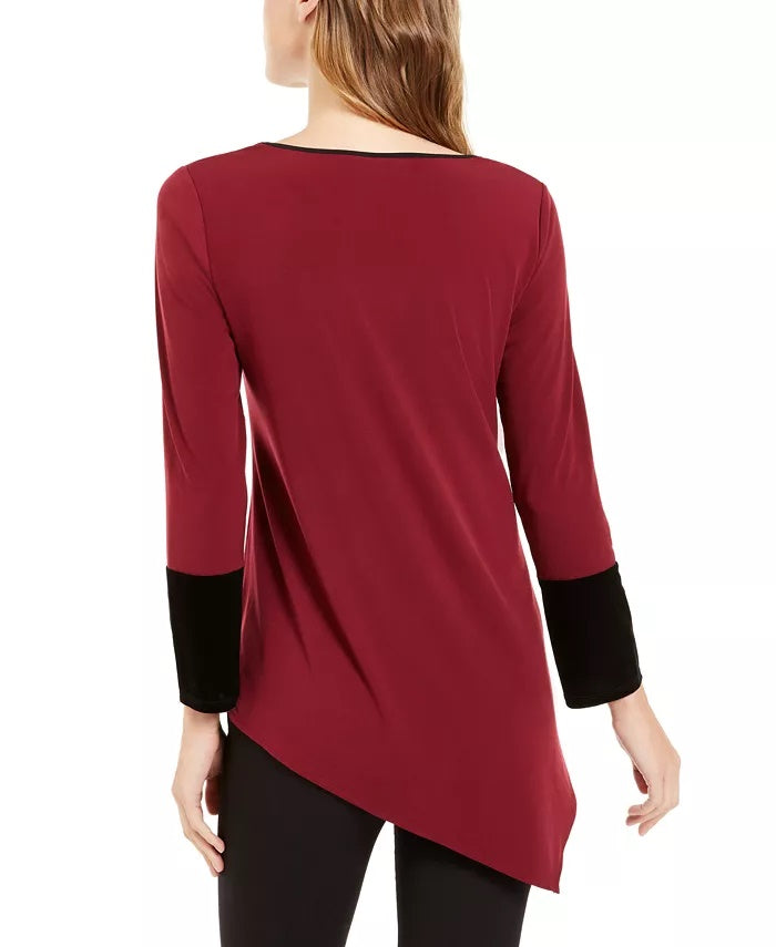 Alfani Top feminino pequeno com bainha assimétrica e blocos de cores, tamanho vinho pequeno