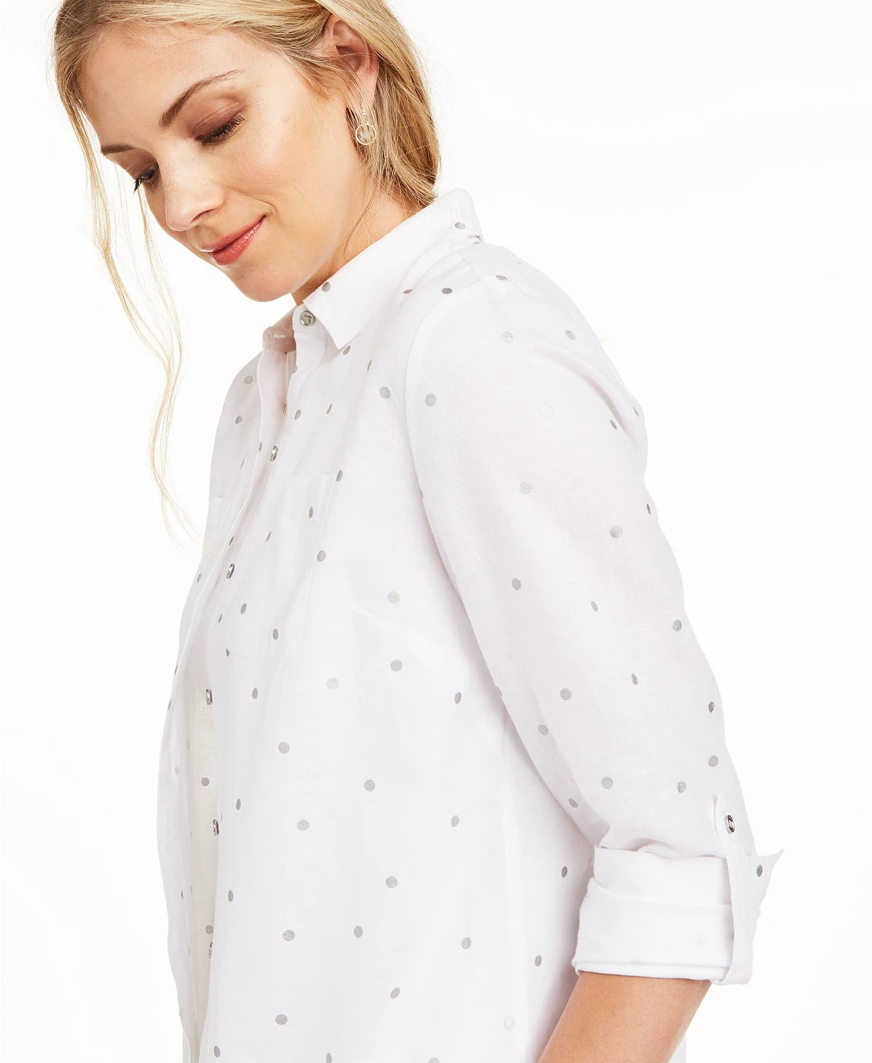 Blusa de linho feminina Charter Club com bolinhas, branca, tamanho pequeno