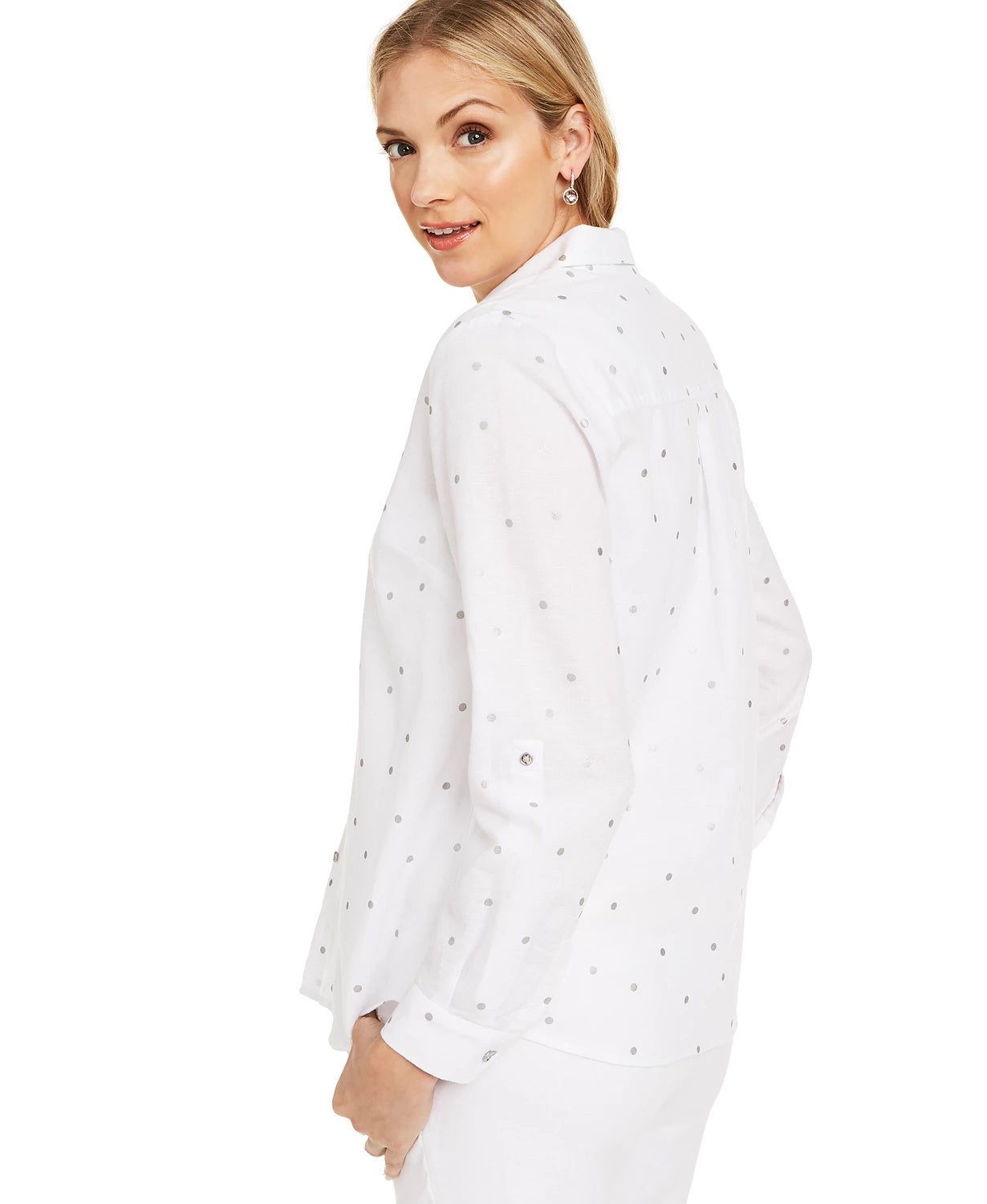Blusa de linho feminina Charter Club com bolinhas, branca, tamanho pequeno