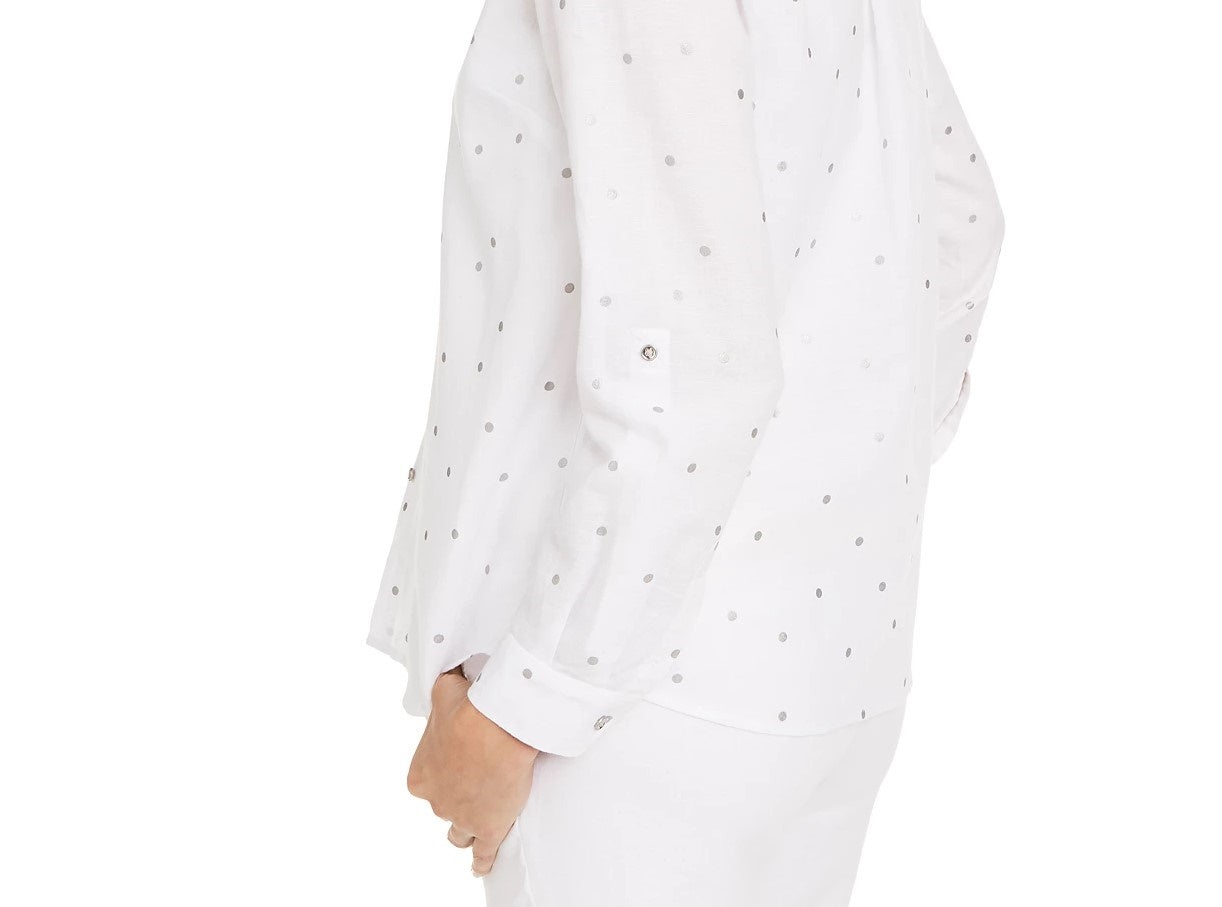 Blusa de linho feminina Charter Club com bolinhas, branca, tamanho pequeno