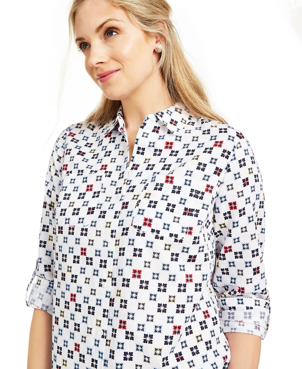 Blusa feminina Charter Club estampada com mangas dobradas e mistura de linho, branca, tamanho médio