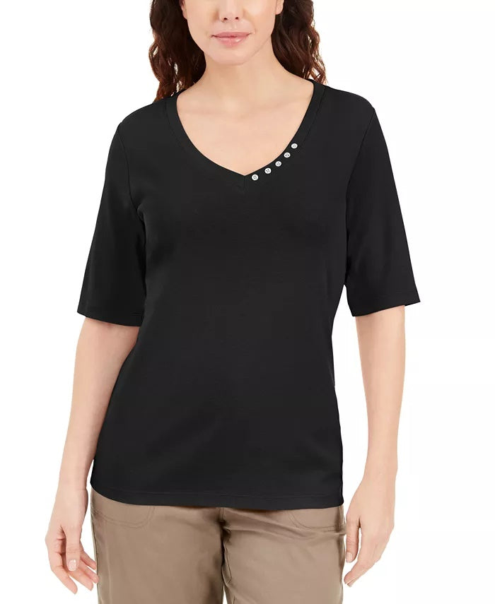 Blusa feminina Karen Scott com decote em V e detalhes em botões, roxa, tamanho grande