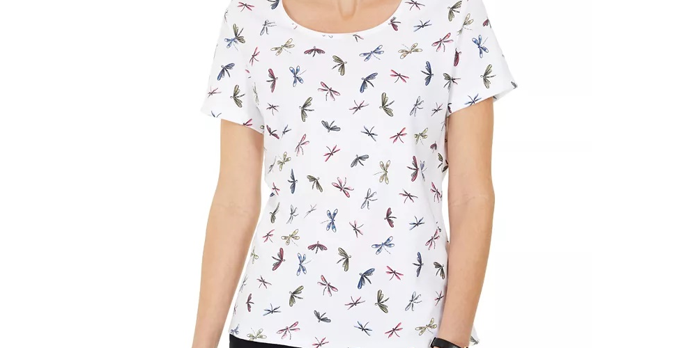 Blusa feminina Karen Scott com estampa de libélula, branca, tamanho médio
