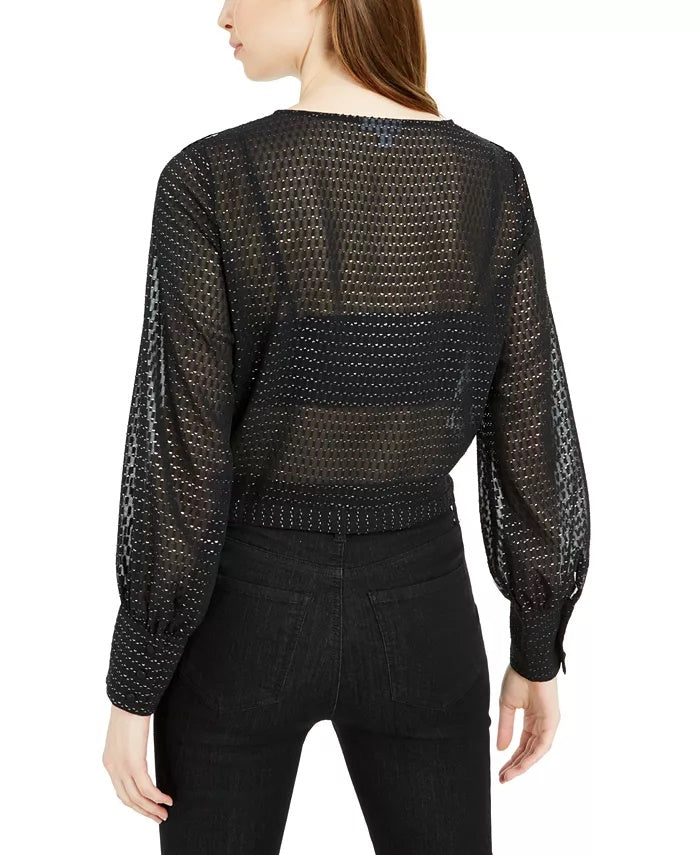 Blusa feminina Bar III com babados e bolinhas metálicas, manga comprida, preta, tamanho médio