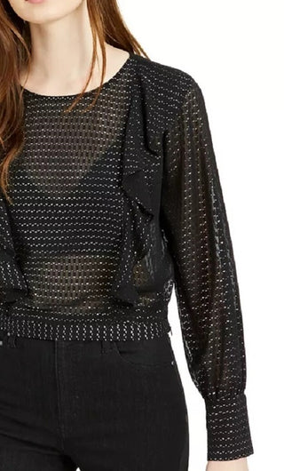 Blusa feminina Bar III com babados e bolinhas metálicas, manga comprida, preta, tamanho médio