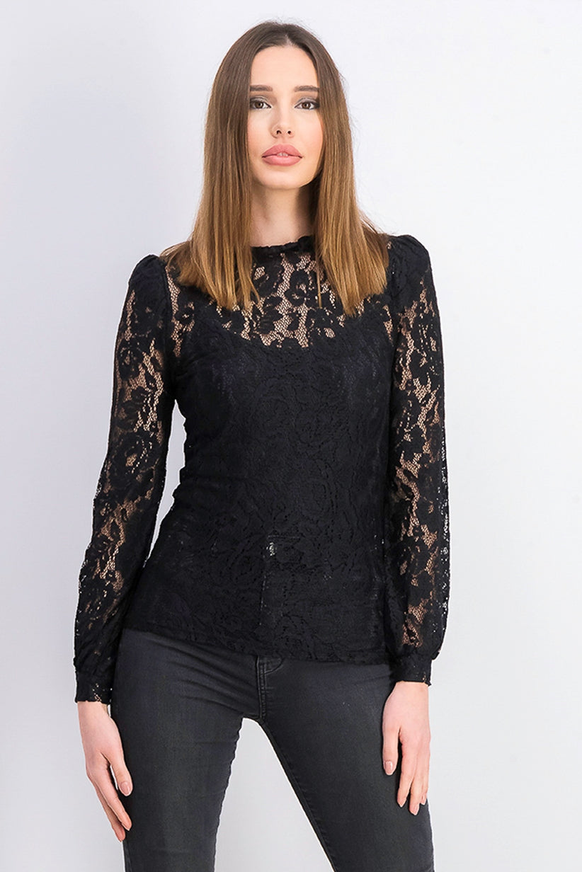 INC International Concepts Top feminino de renda com decote redondo e manga curta, tamanho pequeno, preto