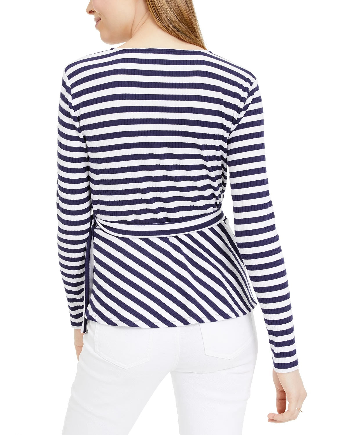 Blusa feminina listrada de malha envolvente Maison Jules, azul-marinho, tamanho pequeno