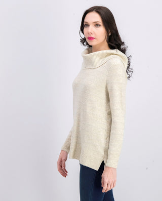 Suéter feminino estilo &amp; co lurex gola alta bege tamanho médio