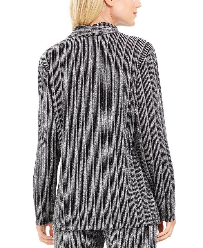 JM Collection Top feminino com aparência metálica em camadas, preto, tamanho X-S