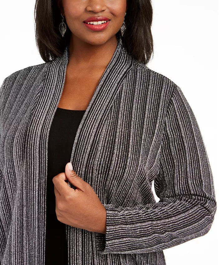 JM Collection Top feminino plus size metálico com camadas, preto, tamanho 1X