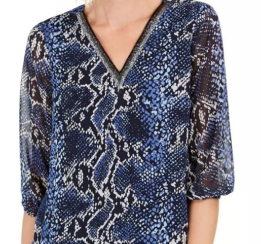 Túnica feminina com decote em V da coleção JM, azul-marinho, tamanho médio