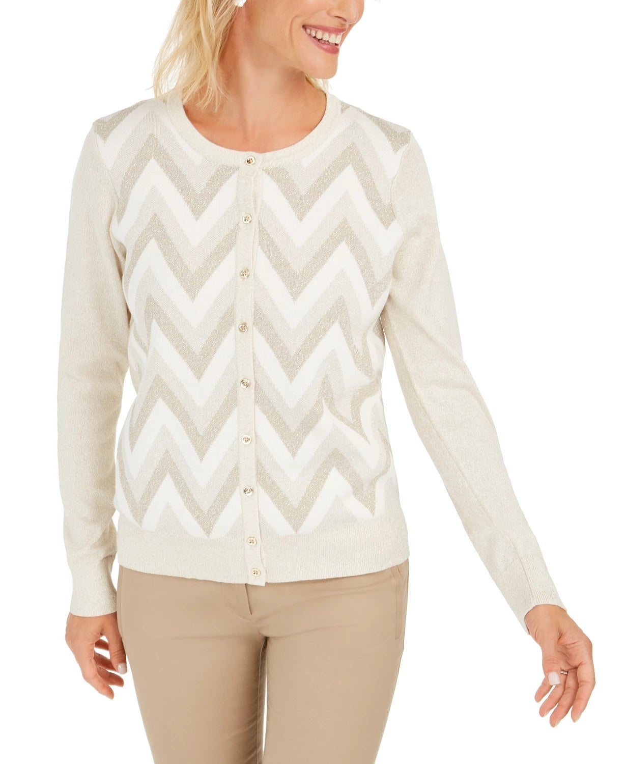 Cardigan feminino com estampa em zigue-zague Charter Club, branco, tamanho grande