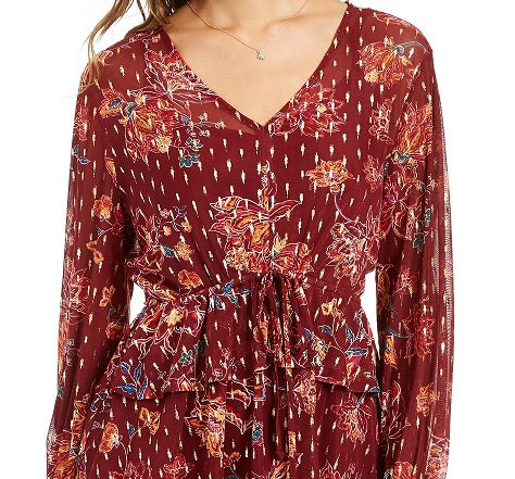 Top feminino estampado com cordão na cintura, tamanho médio, vermelho escuro, estilo &amp; co