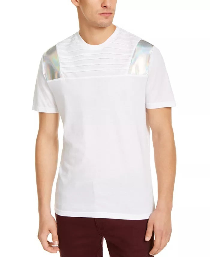 Camiseta masculina INC International Concepts com pregas e detalhes em couro sintético metálico, branca, tamanho 3X