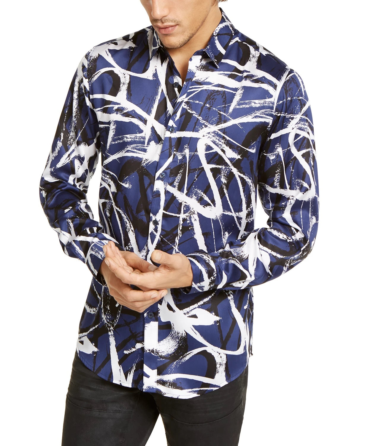 Camisa masculina com estampa abstrata de rabiscos da INC International Concepts, tamanho marinho, pequena