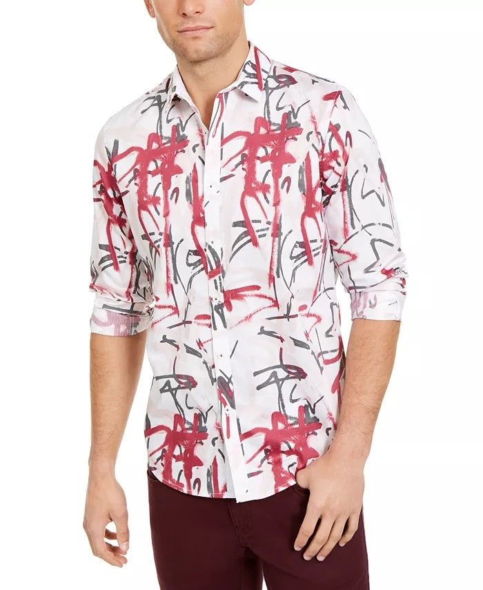 Camisa masculina com estampa de coração e grafite da INC International Concepts, branca, tamanho pequeno
