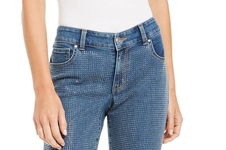 Calça jeans skinny feminina INC International Concepts com detalhes brilhantes na frente, azul, tamanho 8