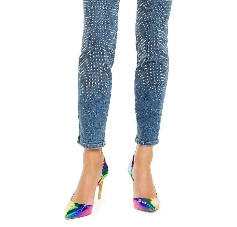 Calça jeans skinny feminina INC International Concepts com detalhes brilhantes na frente, azul, tamanho 8