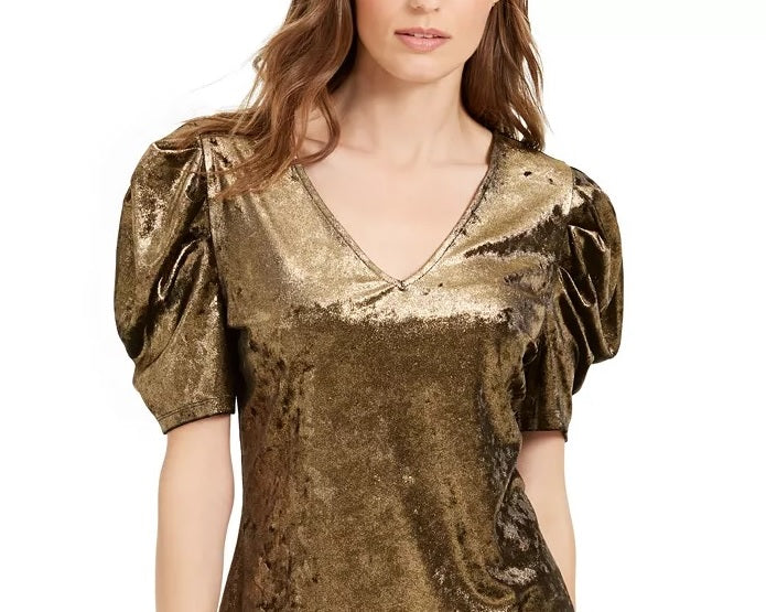 Blusa feminina de veludo com manga bufante INC International Concepts, tamanho médio, dourada