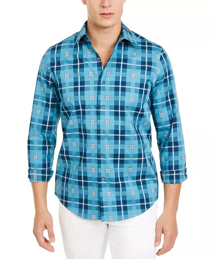 Camisa xadrez masculina Tasso Elba Stretch Box, azul marinho, tamanho extragrande