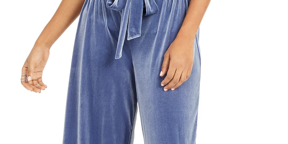 Calça feminina de veludo com perna larga e bolso tipo saco, da INC International Concepts, tamanho grande, azul-marinho