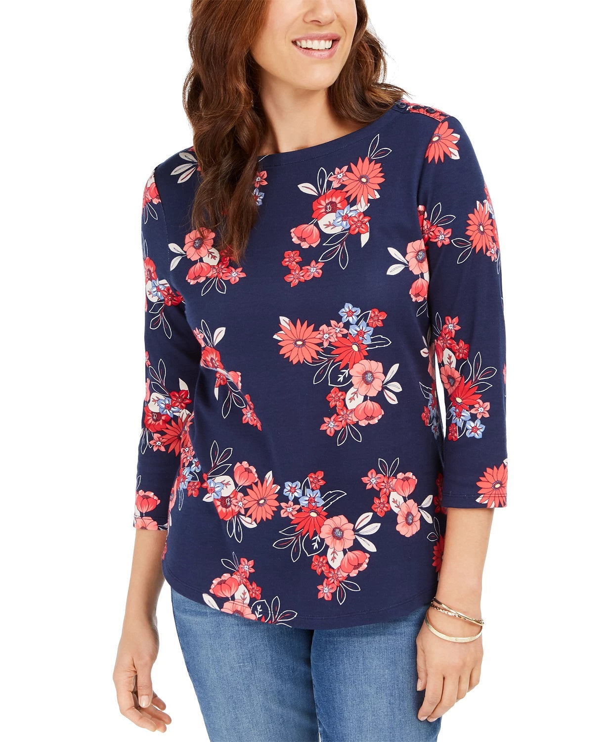 Camiseta feminina Charter Club de algodão Pima com estampa floral, azul, tamanho pequeno