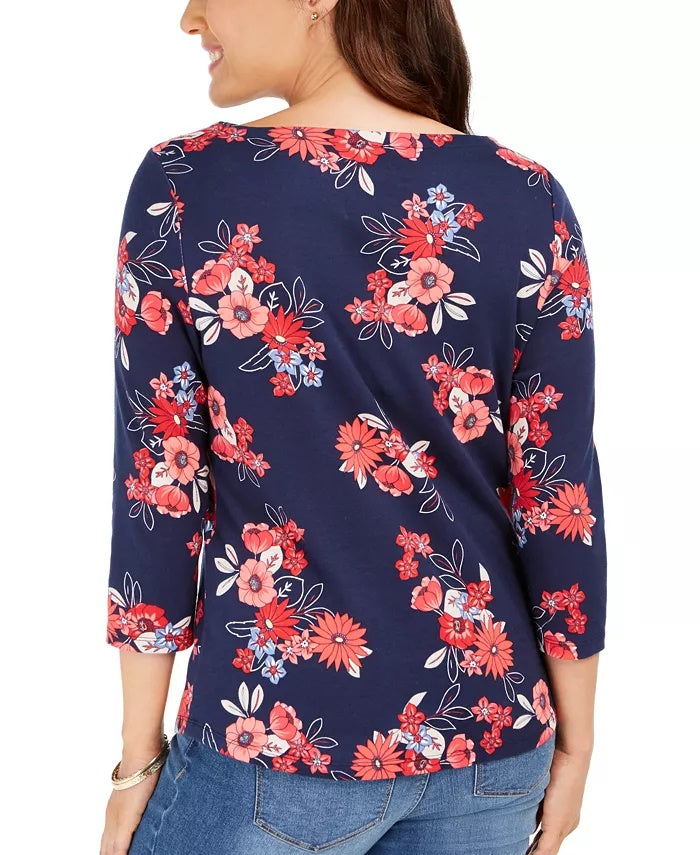 Camiseta feminina Charter Club de algodão Pima com estampa floral, azul, tamanho pequeno