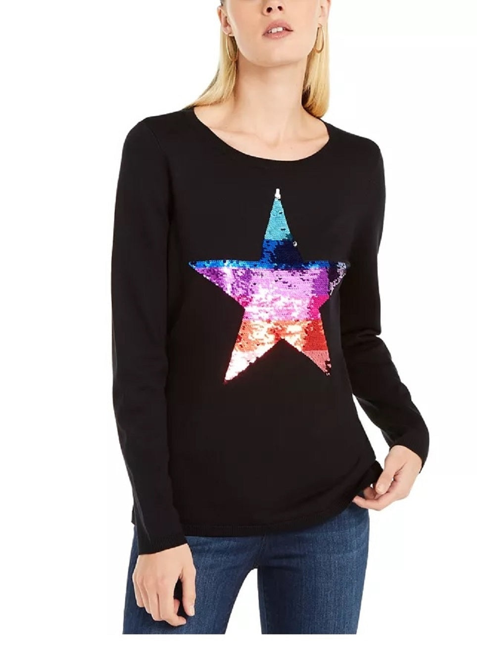 Suéter feminino com lantejoulas e estrelas da INC International Concepts, preto, tamanho médio