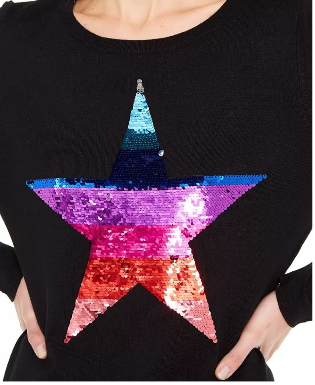 Suéter feminino com lantejoulas e estrelas da INC International Concepts, preto, tamanho médio