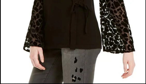 Suéter feminino de veludo com estampa de leopardo da INC International Concepts, preto, tamanho pequeno